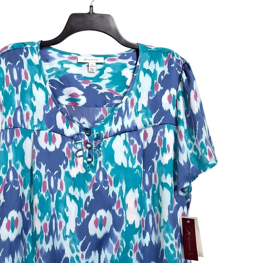 JM Collection Top 18 Blue‎ Purple Tribal Ikat Print Button Detail Pleats Blouse